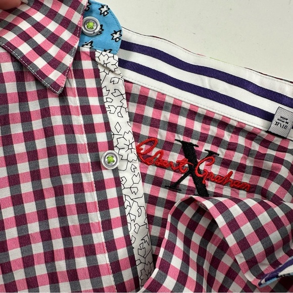 Robert Graham X Tailored Fit Shirt Men’s XL Short Sleeve Pink White Check - Picture 5 of 10